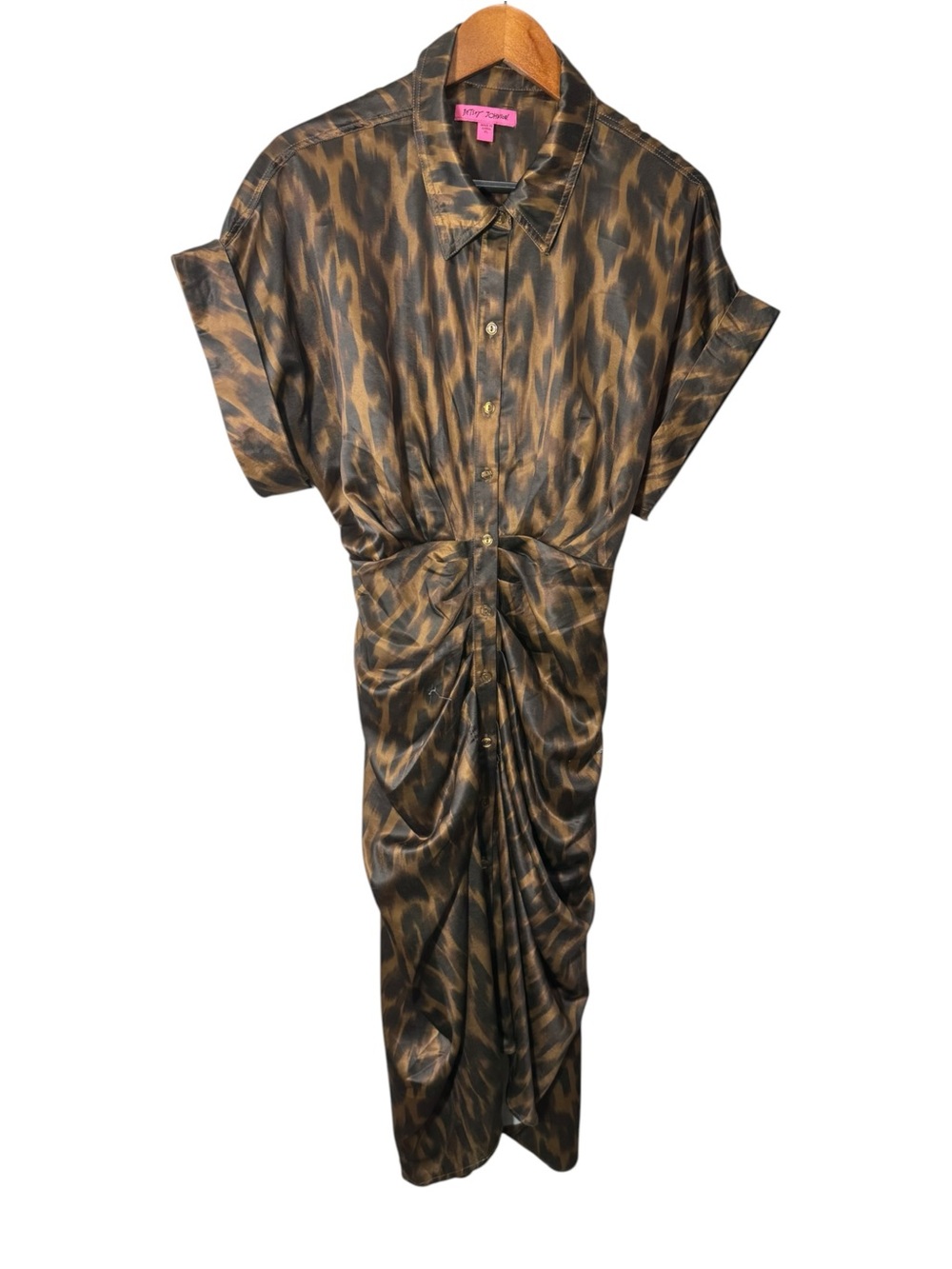 Betsey Johnson Leopard Print Shirt Dress Statement Ruched Front Size XL Flawed